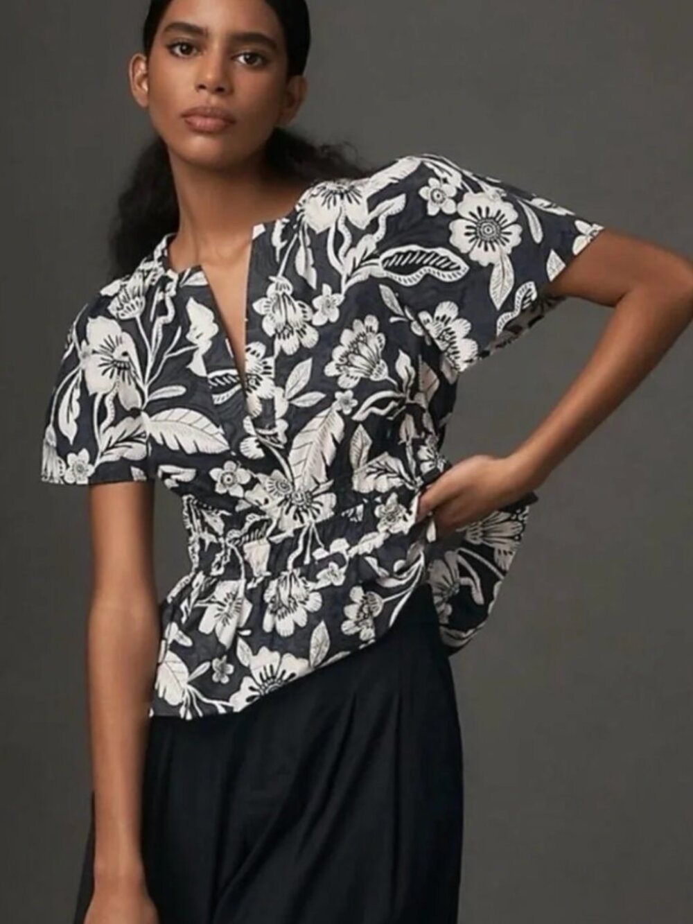 Anthropologie Somerset Black & White Floral Peplum Blouse EUC